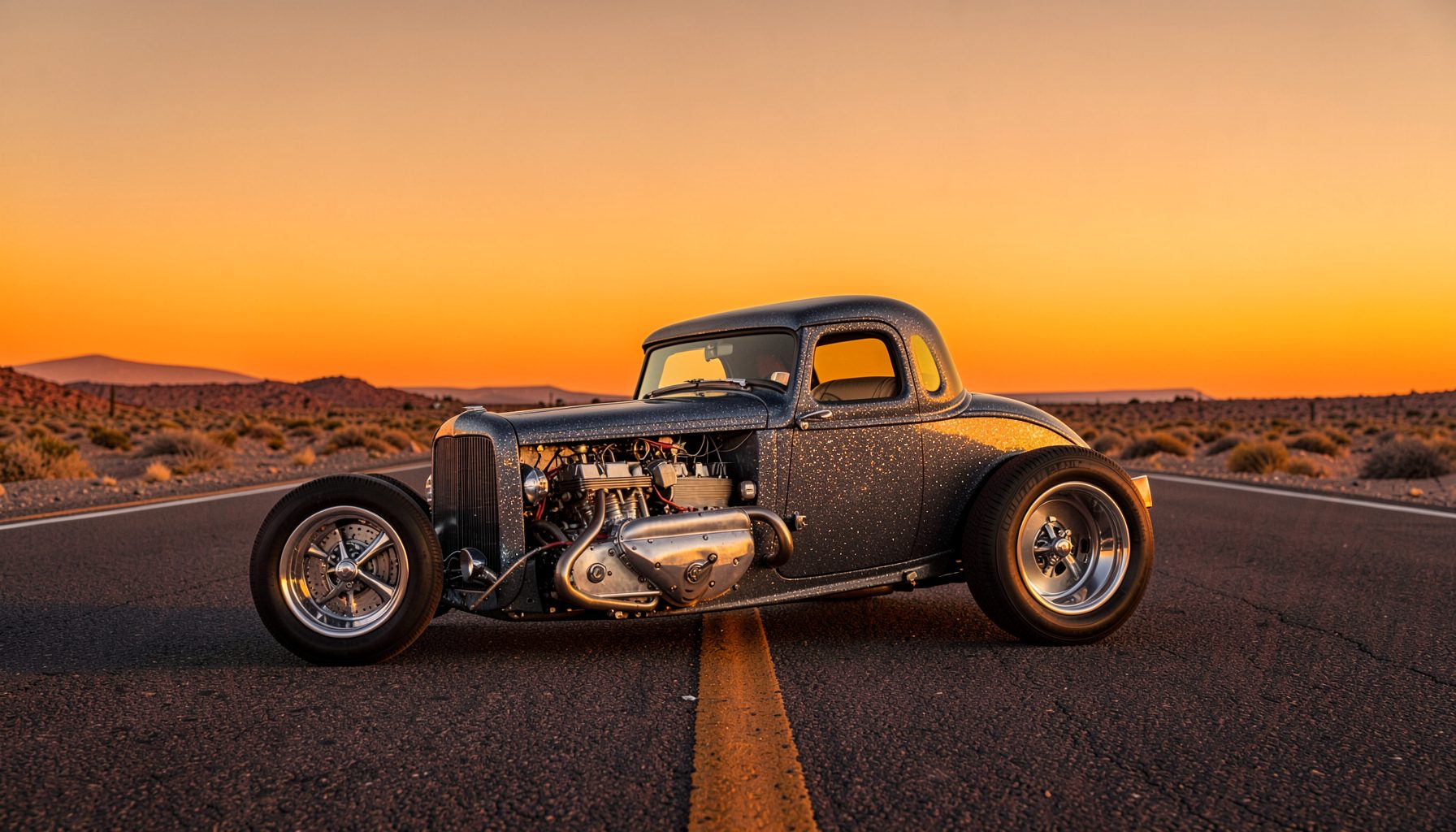 A sleek custom hot rod with exposed engine and metallic flake paint, parked on an open desert highway at golden hour, warm amber and chrome tones against a vast sky