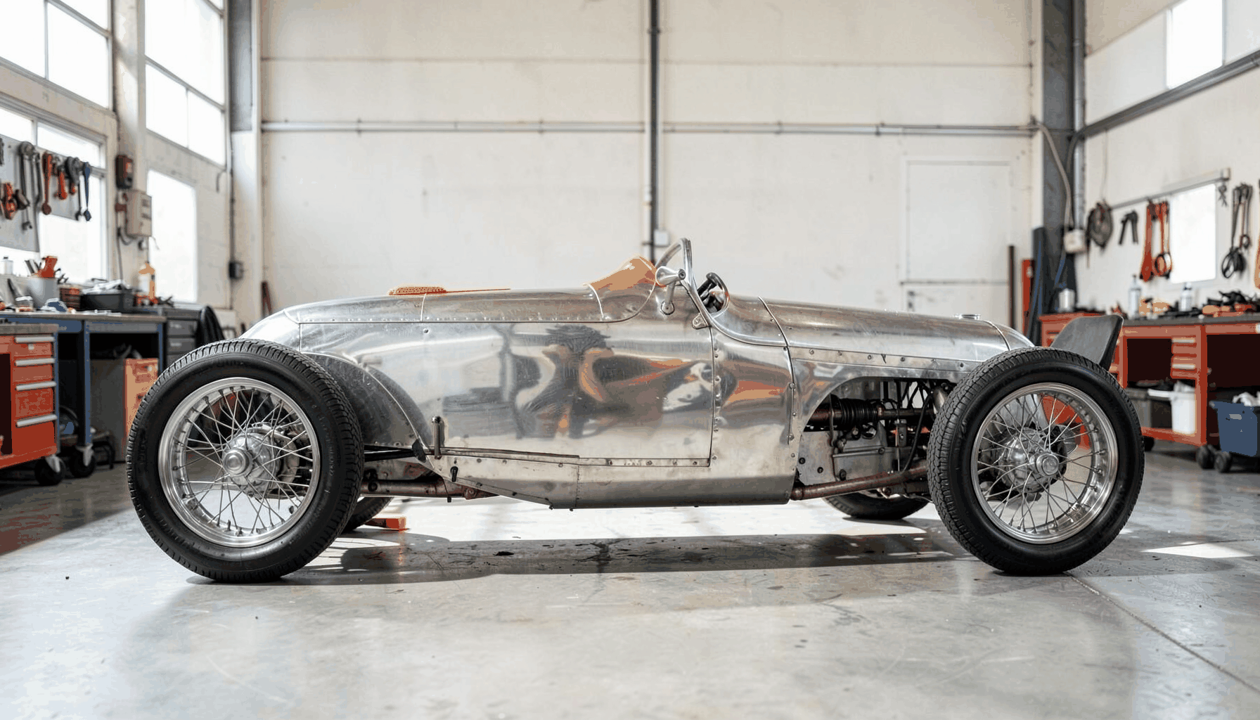 A hand-built 1930s-style open-wheel race car with polished aluminum bodywork and wire wheels, displayed in a sunlit workshop