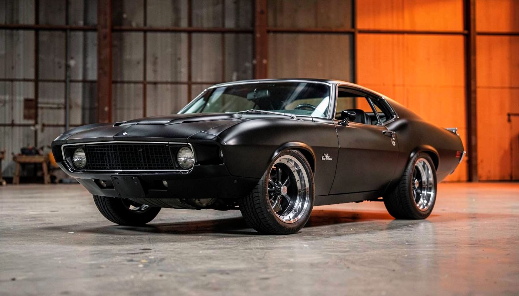 A menacing black 1969 Dodge Roadrunner restomod with aggressive stance, satin finish, and modern wheels, photographed against an industrial backdrop