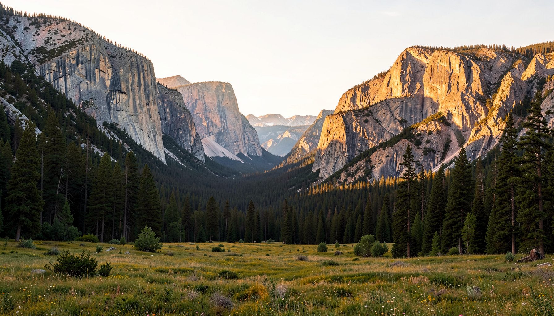 A sweeping vista of Yosemite Valley with granite cliffs, pine forest, and a meadow bathed in golden afternoon light