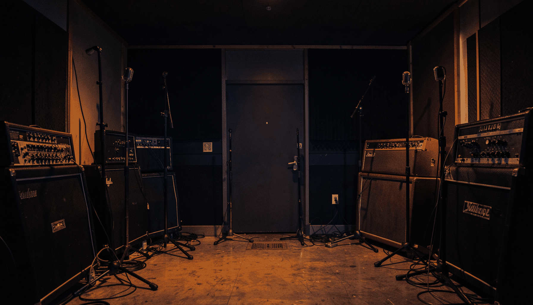 Dimly lit recording studio with vintage amplifiers and microphone stands, warm amber and deep blue tones, moody rock atmosphere
