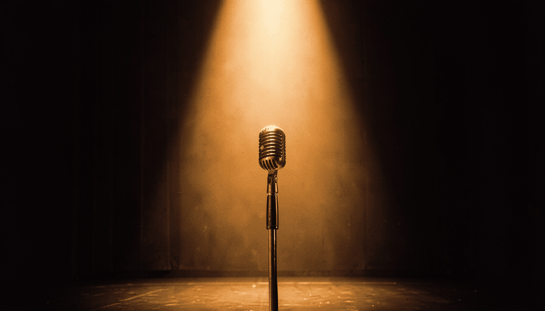 Vintage microphone on stage with soft spotlight, sepia and gold tones, classic rock aesthetic
