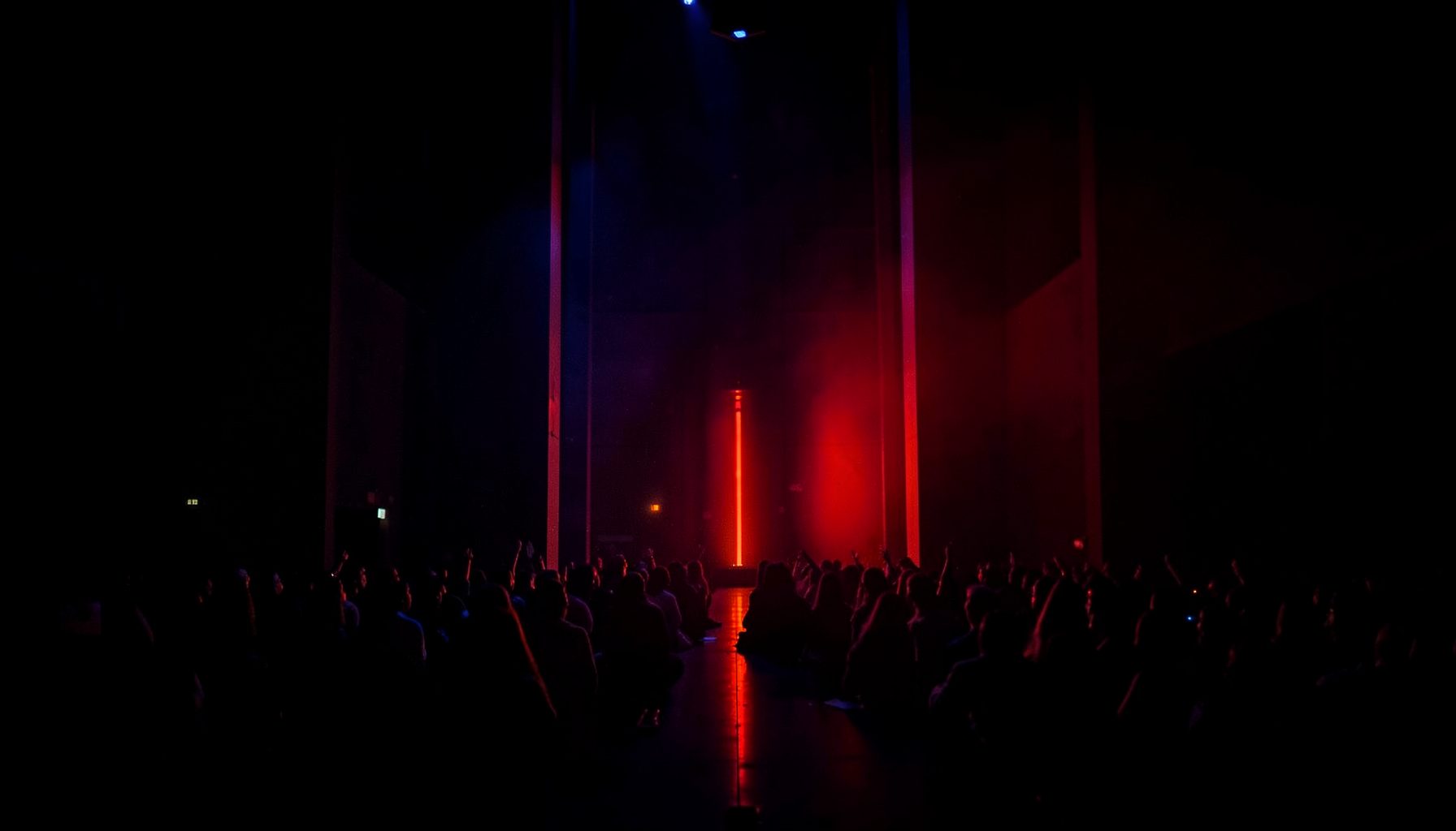 Abstract dark stage lighting with deep red and blue hues, concert atmosphere